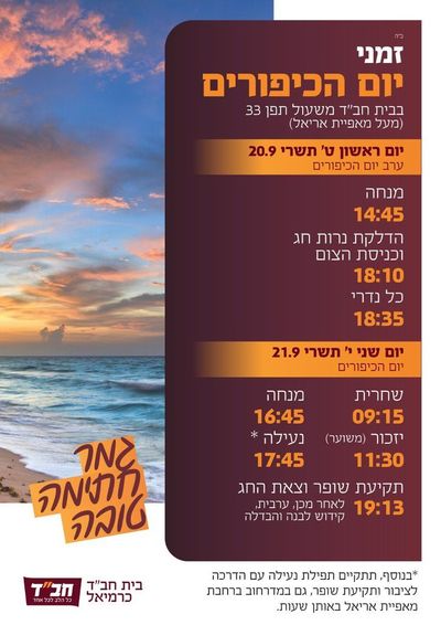 זמני יום הכיפורים תשפ״ז בבית חב״ד