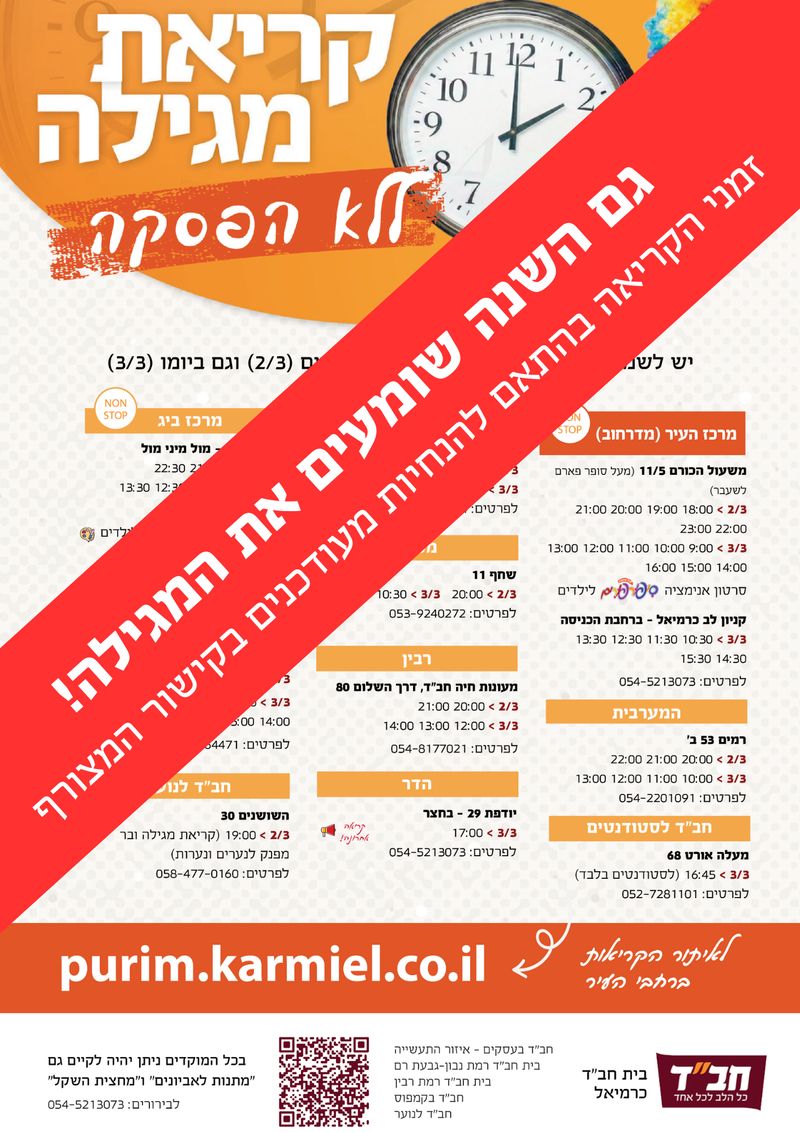 שינויים בזמני מוקדי קריאת מגילה של חב"ד 